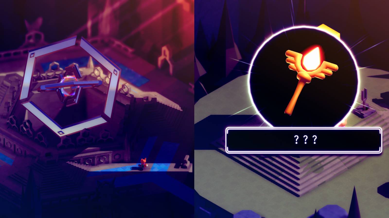 a red fox standing in front of a large, hexagonal gyroscope; a golden rod with a red crystal inside a black circle with 