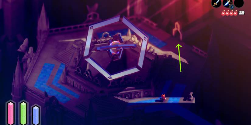 a small red fox in a room with a large, hexagonal gyroscope. a green arrow points to a small archway to the right of the mechanism