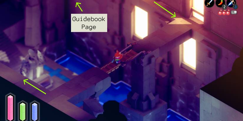 a red fox standing on a wooden bridge between two, stone outcroppings inside a cathedral-like structure. a green arrow points down the ledge behind the fox, while another arrow points up along the ledge ahead of him. another arrow points up and offscreen, with the words "guidebook page" underneath