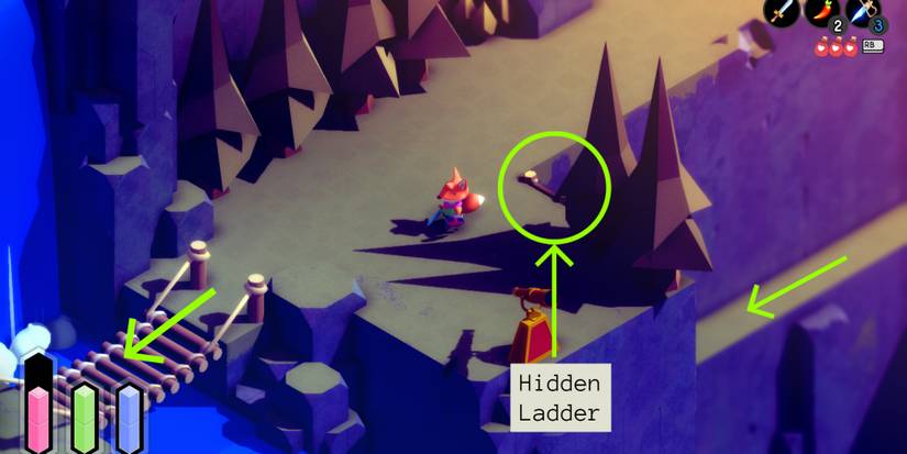 a red fox standing on a forested cliffside with a wooden bridge to the left and another path leading off to the right. Green arrows marked a path across the bridge, along a ledge a level below, and pointing to a green circle with the words "hidden ladder" under the arrow. 