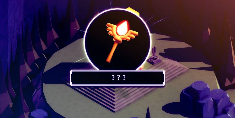 a golden, winged staff with a red, glowing crystal in the top, in a black circle with a white border. Below is a text box with "???" in white text against a black backdrop. 