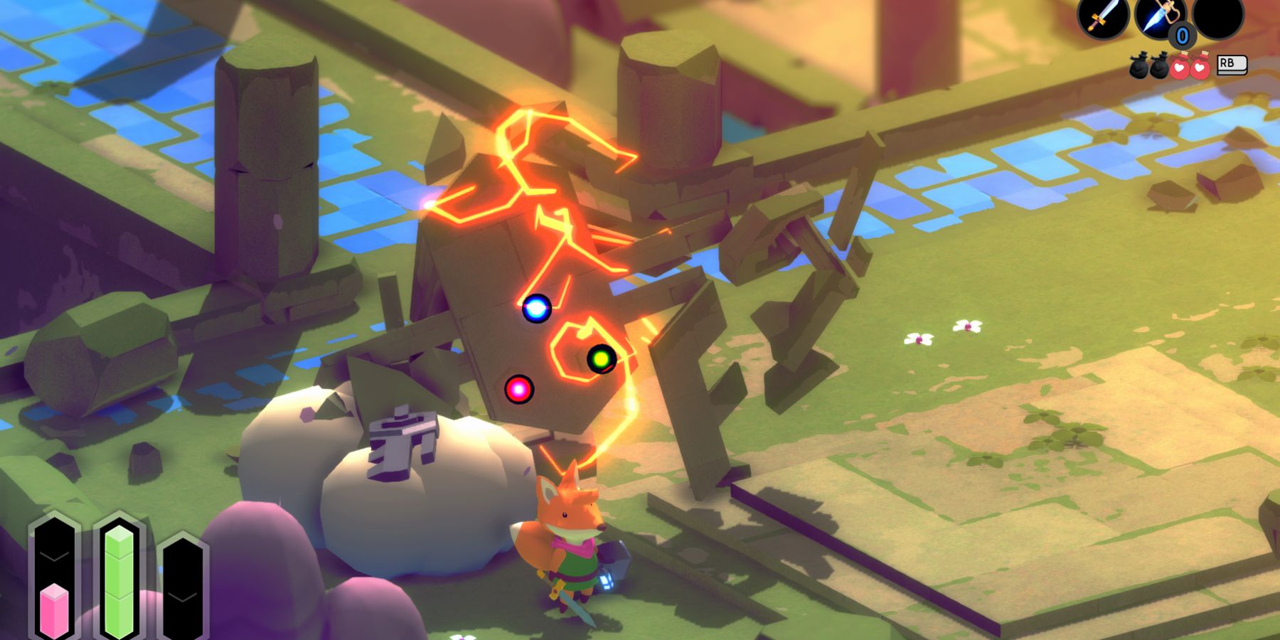 a red fox standing in front of a large, stone golem that's crumbling and sparking with red electricity