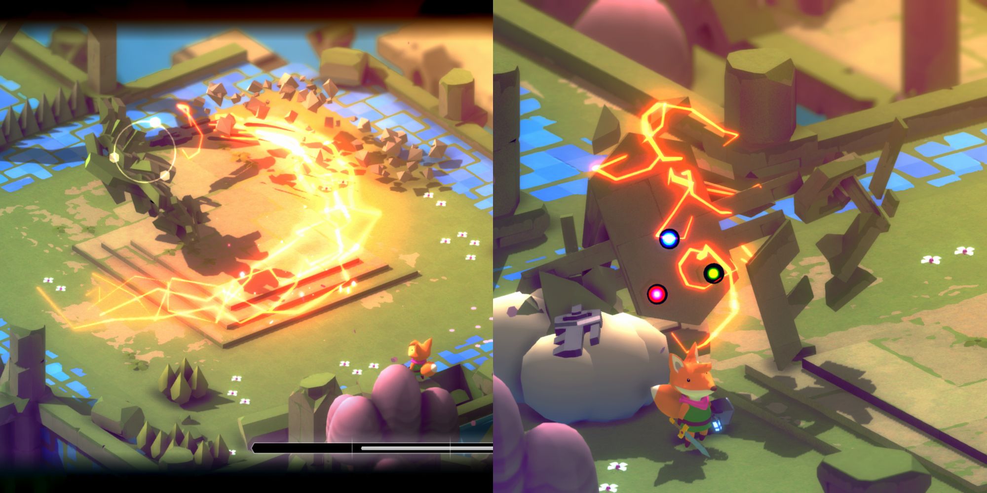 a stone golem swinging a sword in a wide arc, leaving an electric trail in its wake; the same golem crumbling in a cloud of electric sparks while a small red fox looks away from it