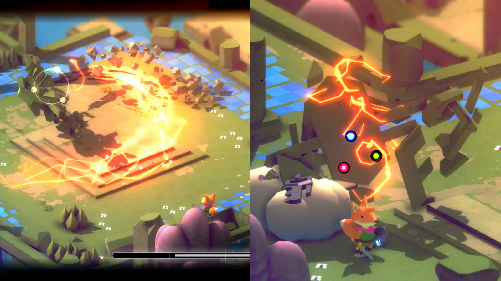 a stone golem swinging a sword in a wide arc, leaving an electric trail in its wake; the same golem crumbling in a cloud of electric sparks while a small red fox looks away from it