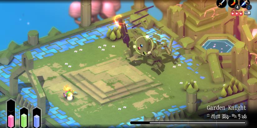 a red fox dodging away from a large, stone golem holding an electrified sword as it raises the sword over its head. both figures are in an open-air arena built on top of a ruined castle