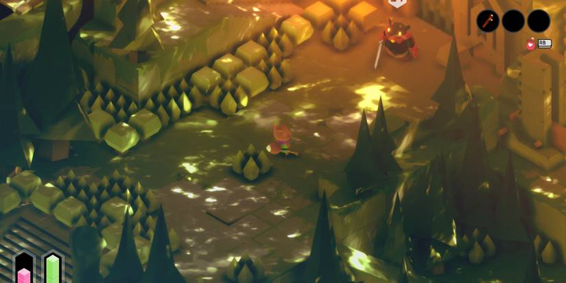 a red fox in a green tunic facing a horned, yellow-eyed monster with a sword in a dimly lit forest