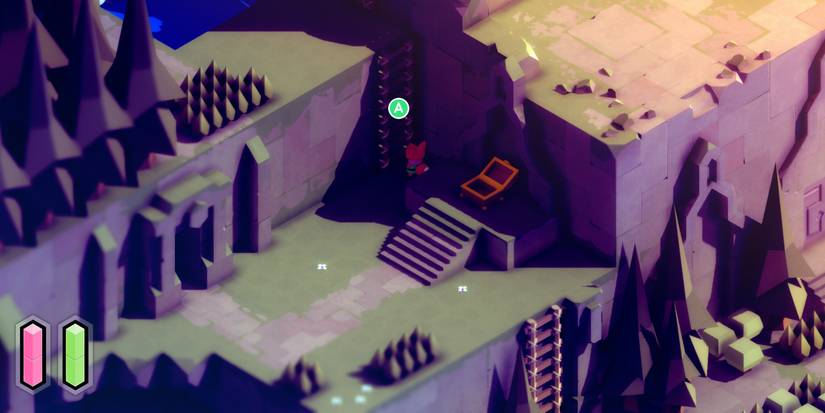 a cliffside environment with three tiers each connected by rope ladders. the second tier is centered, and has a raised platform with an empty chest on it. Behind the chest is a small fox facing one of the ladders with an "A" button prompt over his head