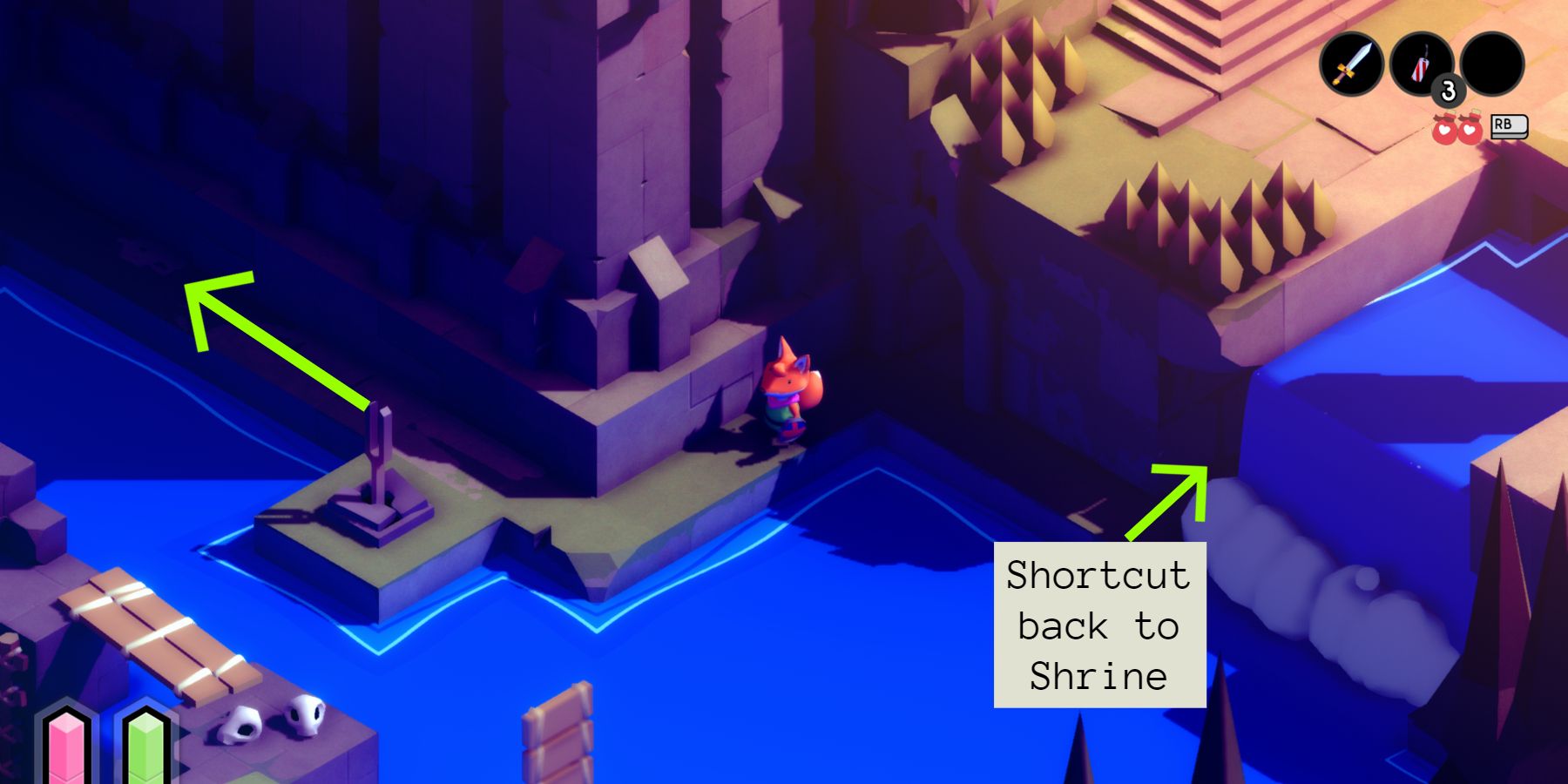 small red fox in a green tunic stands on a small path by the edge of a lake with one green arrow pointing away around a corner to the left and another pointing to a path behind a waterfall with the words "shortcut back to shrine" below it