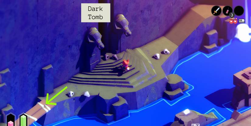 A red fox stands in front of a large, thin doorway flanked by stone skulls. the path he's on is stony and drops off into a lake 