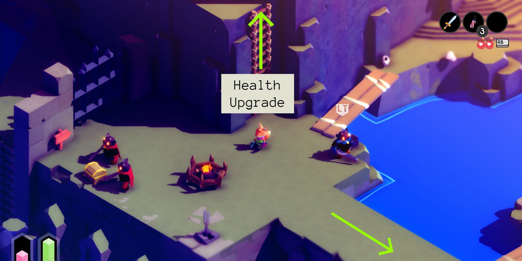 a red fox standing on a wide ledge with several, demonic knights standing nearby. a fire is lit in a brazier and an arrow points up a nearby ladder with the words "health upgrade" underneath. another green arrow points down and to the right. 