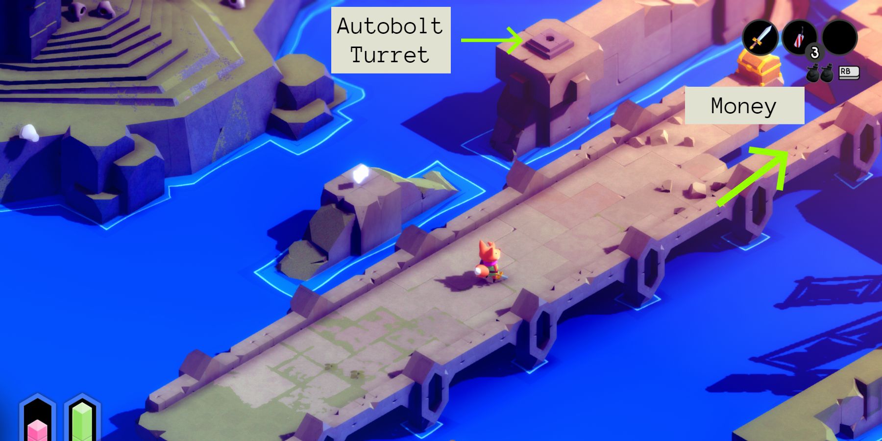 a red fox standing on a crumbling bridge over a lake with a treasure chest ahead that has the word "money" under it. There's also a box that says "autobolt turret" with a green arrow pointing to a grey plinth with a hole in the middel. There's also another green arrow pointing along the path forward, past the chest 