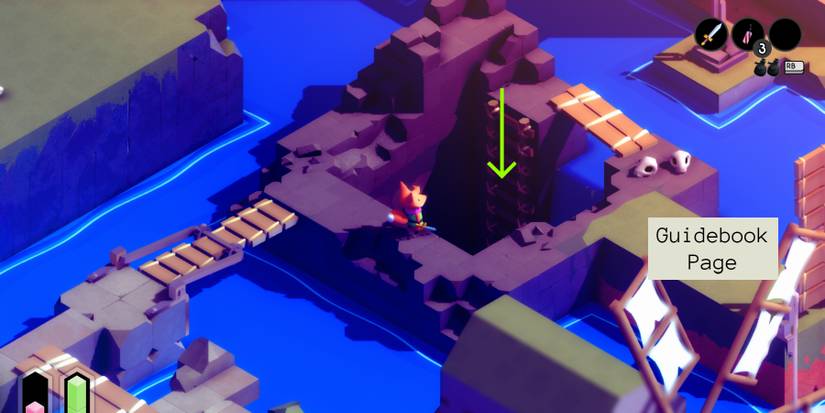 a red fox standing at the edge of a dark pit with some skulls nearby. a green arrow points down the ladder leading into the pit, while a box of text reads "guidebook page" on a path to the right leading to an upright bridge