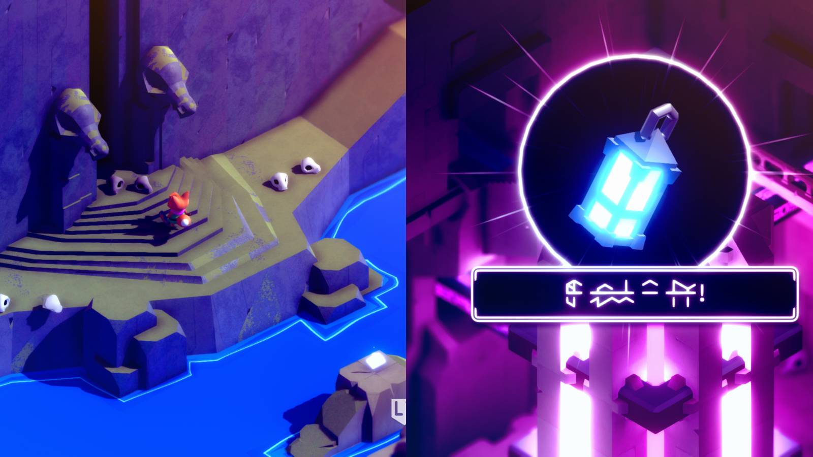 a red fox looking up at a large, thin door flanked by two, stone skulls; a blue lantern encircled with a white line and a text box underneath filled with incomprehensible symbols