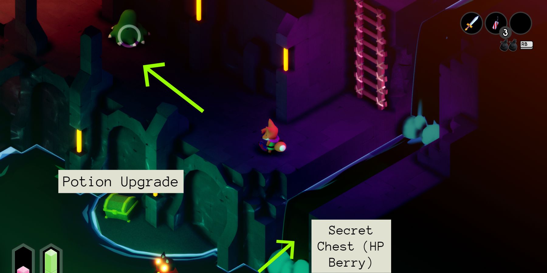 a red fox standing in a dark dungeon with a couple of cascading waterfalls to one side and a treasure chest on a lower level marked "potion upgrade" 