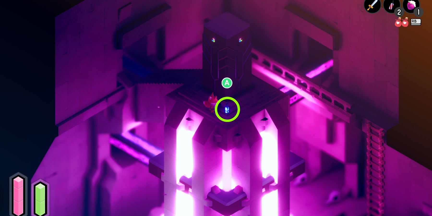 a red fox stands in a chamber with glowing, purple liquid flowing out from a central fixture. a metallic obelisk at the top of the fixture has three emblems at the top in the colors red, blue, and green. a small, blue lantern at the fox's feet is circled in green. 