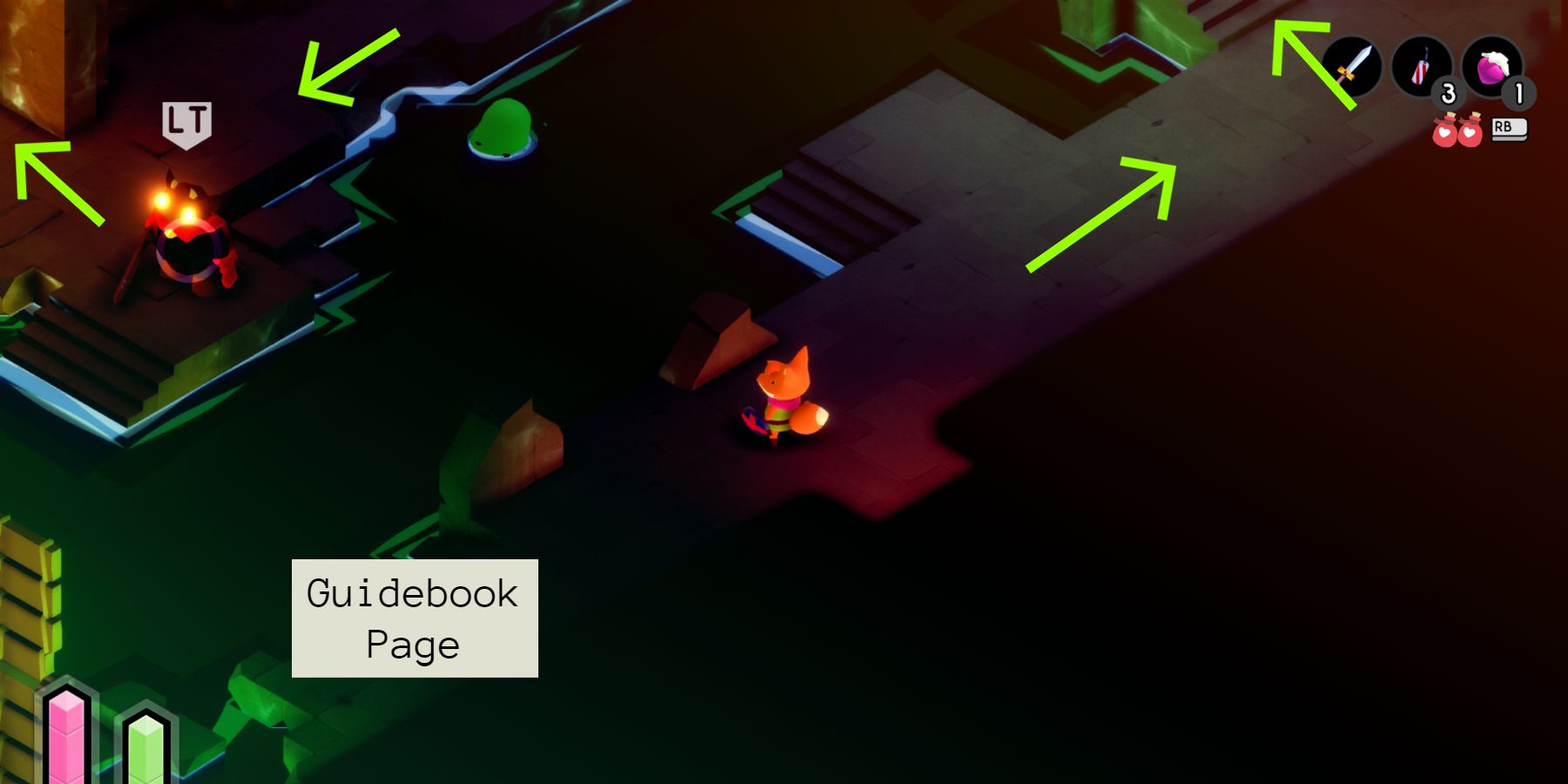 a red fox in an underground chamber with enemies on the other side of a shallow pool of water. green arrows point up to the right, over a stone bridge, and across the other side through a doorway at the back. a text box to the left of the fox reads "Guidebook page" 