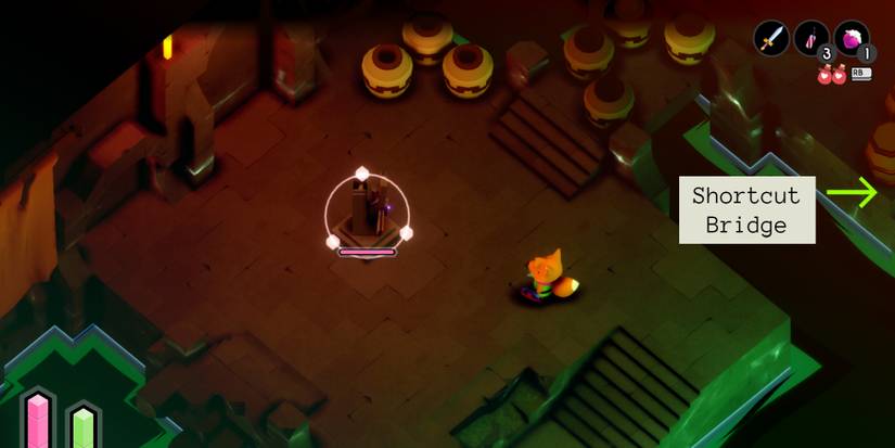 a red fox in combat with a mechanical turret that's glowing with a faint, purple light. There are clay pots nearby, a small box says" shortcut bridge" with an arrow pointing offscreen to the right