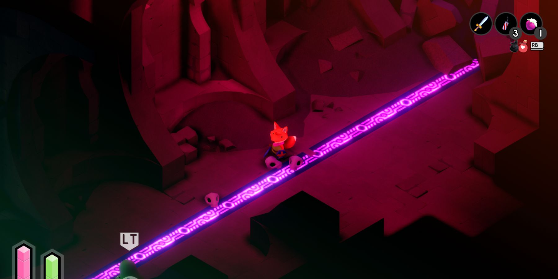 a red fox in a dimly lit chamber with a glowing line of purple symbols on the floor. there are skulls on the floor as well, and the crumbled ruins of part of the chamber behind him