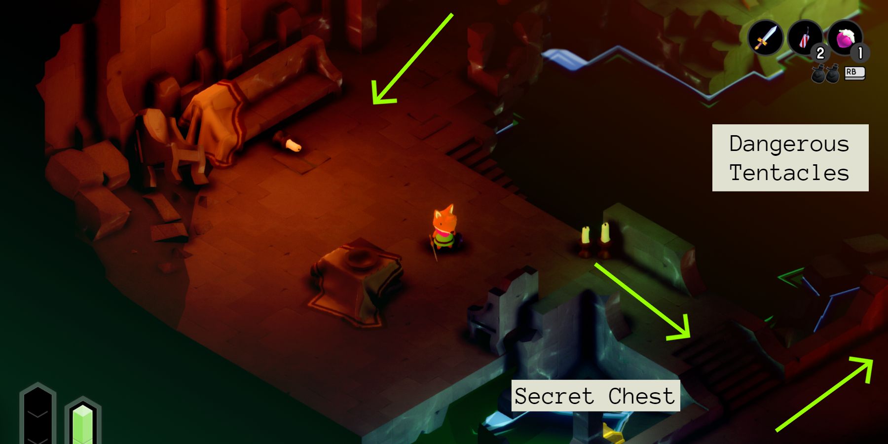 tunic in an underground chamber on a platform suspended over water, with green arrows pointing out a path that takes him forward and to the right. a box below the fox says "secret chest" over a barely visible treasure chest, and another box over the nearby water says "dangerous tentacles"