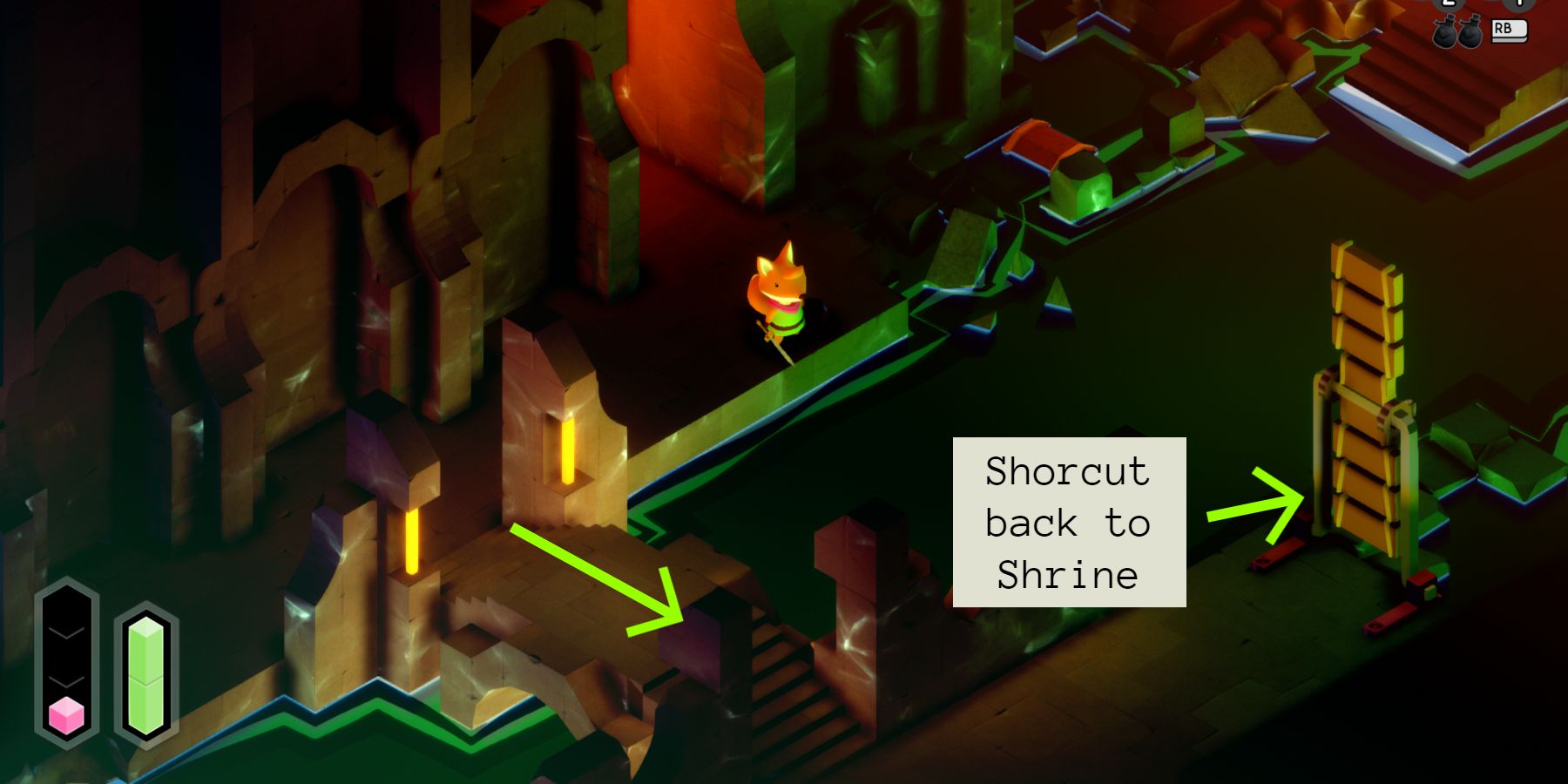 a red fox standing in an underground chamber with shallow water. a green arrow points over a stone bridge to the left while another points to an upright bridge on the right with a text box nearby that reads "shortcut back to shrine" 