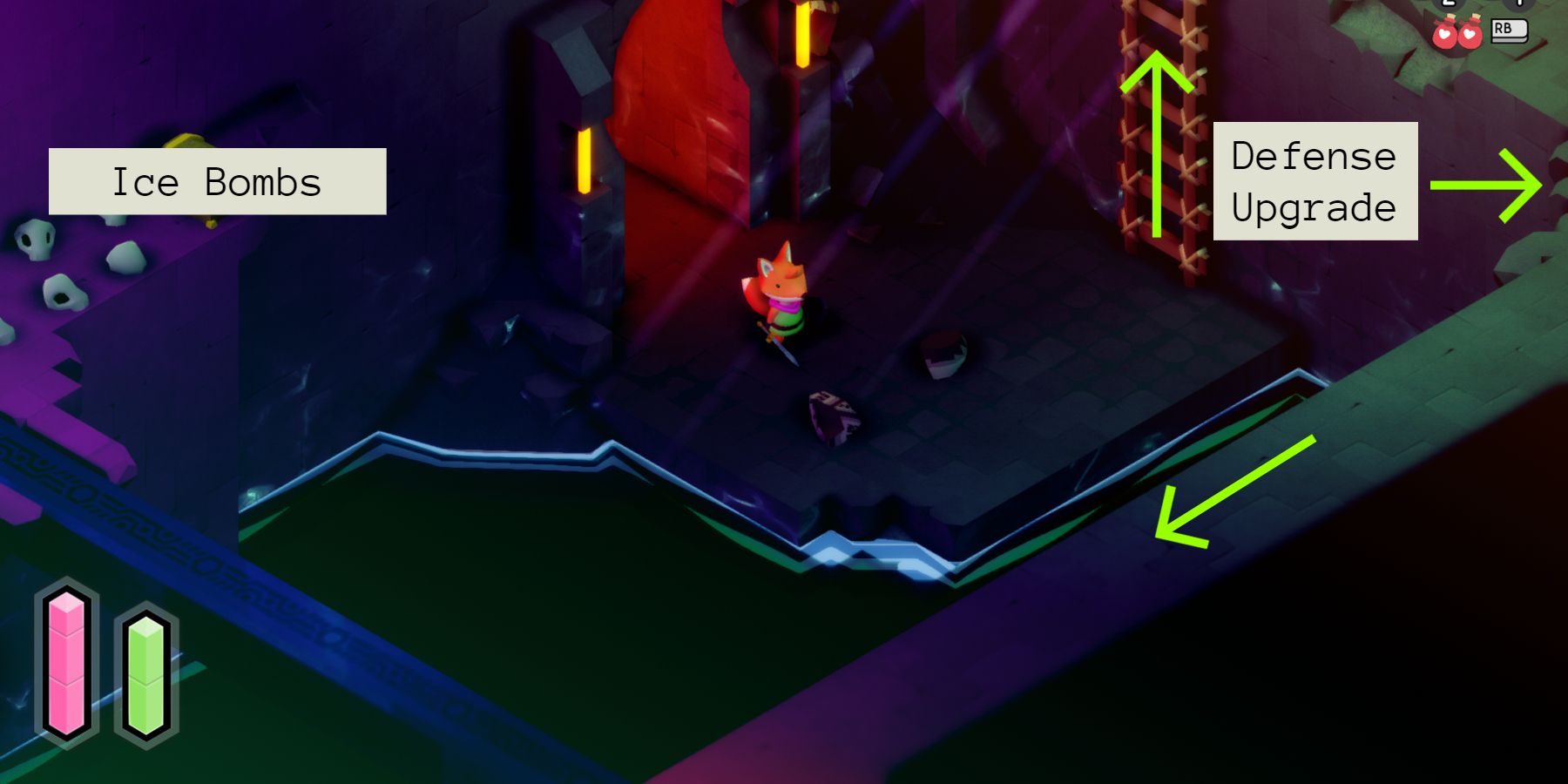 a red fox standing on the lower level of a two-story room. a ladder with a green arrow over it reaches up the next level, and a text box that reads "Defense Upgrade' points to something offscreen. another green arrow points down the thin path at the top of the room, and another textbox over a treasure chest on the other side of the room reads "ice boms"