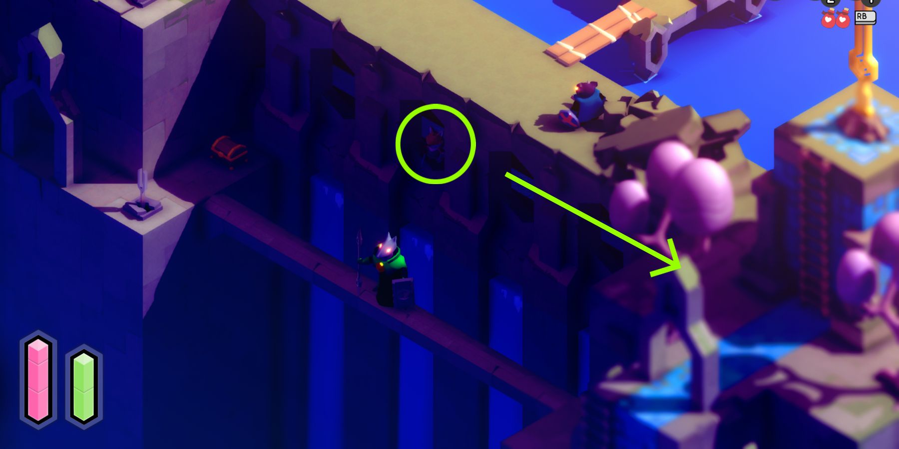 an outdoor scene where the player character is underneath a stone bridge and circled in green. there's a green-caped enemy on a level below the red fox, and a demonic looking knight on the level above him. a green arrow points down to the right