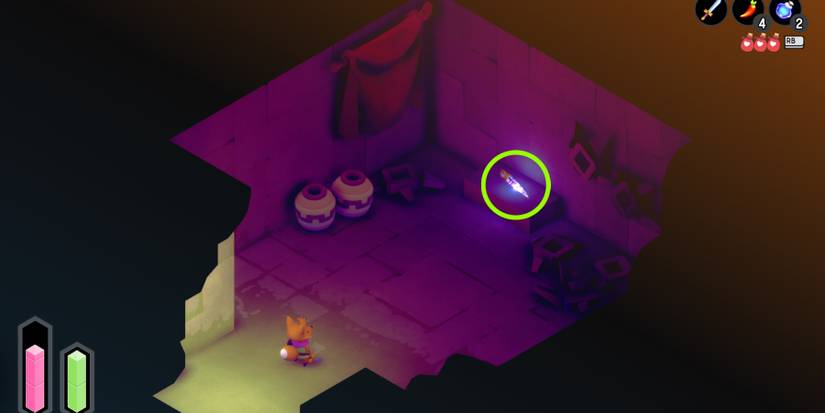 a red fox in a small, abandoned room filled with clay poots, dusty drapes, and dead, stone enemies. at the back of the room is a glowing, blue dagger circled in green 
