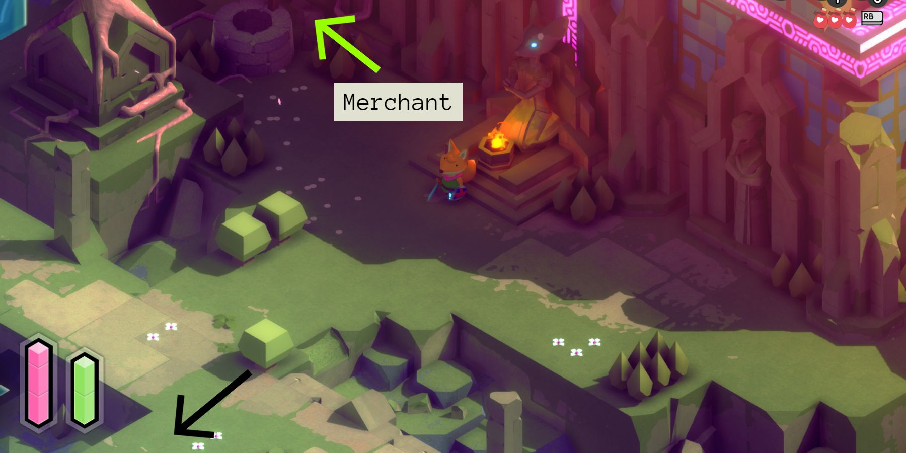 a red fox standing in front of a shrine that's in the shadow of a temple. the stone structure he's on is covered in green, and a green arrow with the word "merchant" underneath points past a nearby wishing well. a black arrow points down and to the left, away from the fox