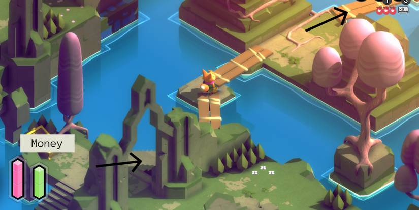 tunic standing on a small, stone block in water, with wooden planks connecting it to other platforms. the island behind him has a black arrow pointing to some partially concealed steps leading down to where he is, as well as an open treasure chest with the word "money" over it. another black arrow points to a wooden plank that leads off screen in the top right corner