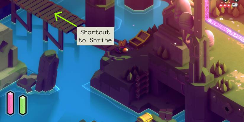 a small red fox standing on a rocky outcropping overlooking a lake. a short ladder leads down to another path that leads offscreen, while a wooden bridge leads away to the left, with the words "shortcut to shrine" over it and a green arrow pointing over the rest of the bridge