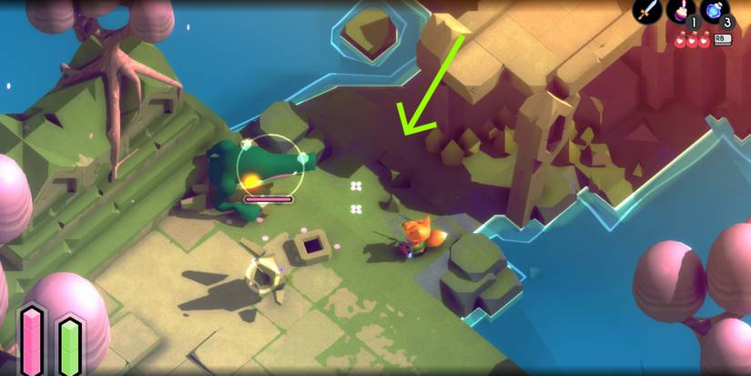 A red fox fighting a crocodile and a flying, stone monster. a broken bridge ends near the top of the screen, with a green arrow pointing away from it and into the middle of the screen.