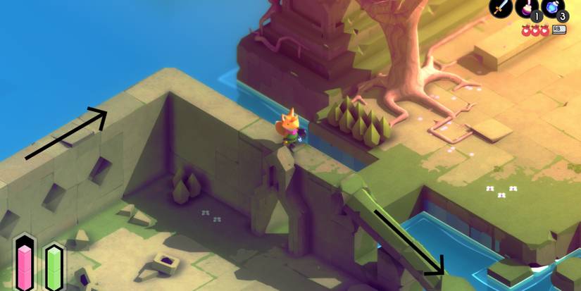 A red fox on top of a wall with a small doorway in it. a black arrow points along the wall behind him, while another points down a fallen pillar ahead of him 