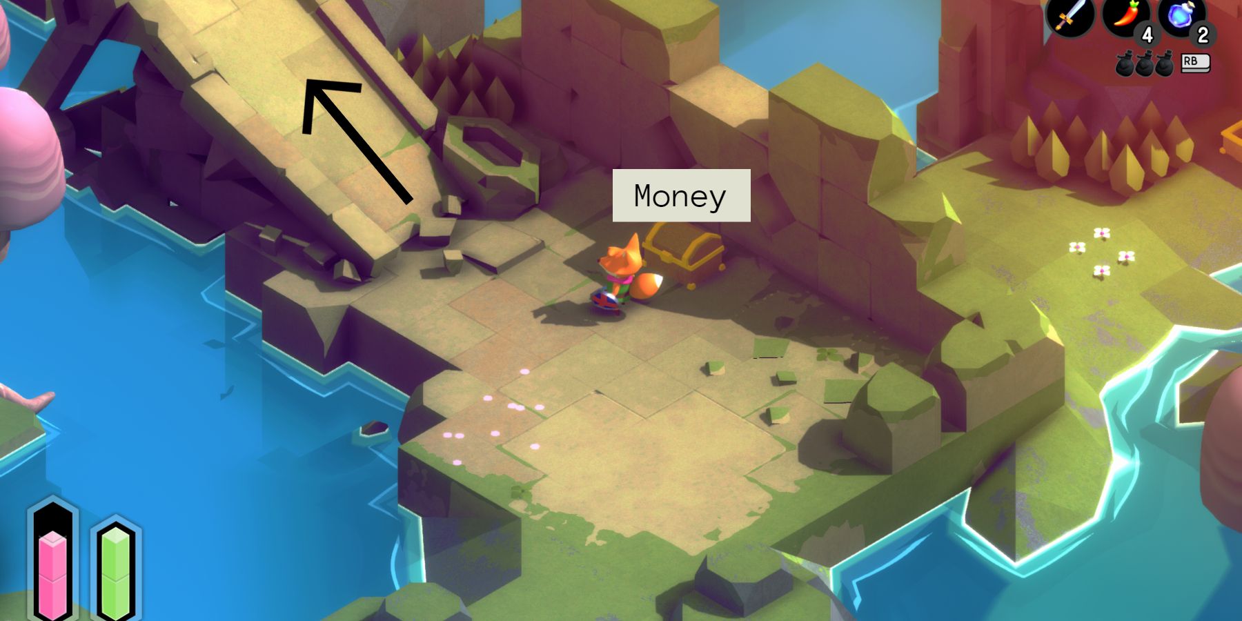 a red fox on a stone platform over water, standing next to a treasure chest with the word money over it. a black arrow points up a nearby ramp and offscreen