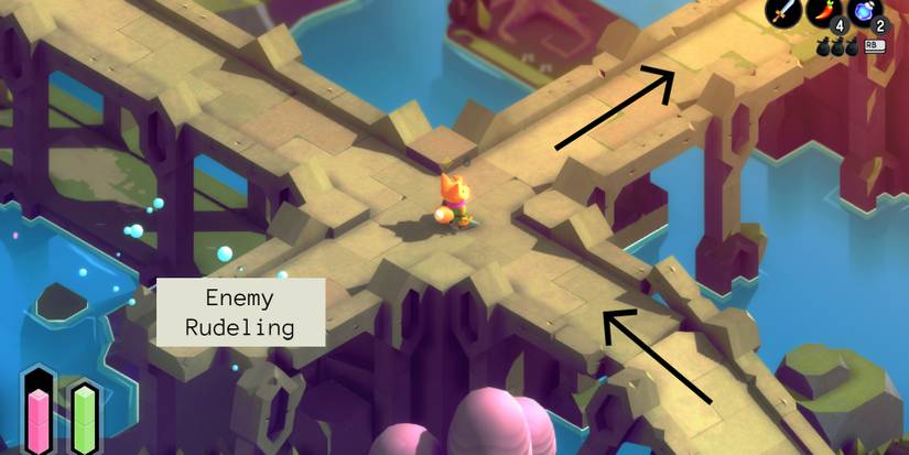 a red fox standing at a four-way intersected bridge. behind him, a box reads "enemy rudeling" and a black arrow points up from the lower right toward the fox, and another black arrow points away from the fox to the upper right