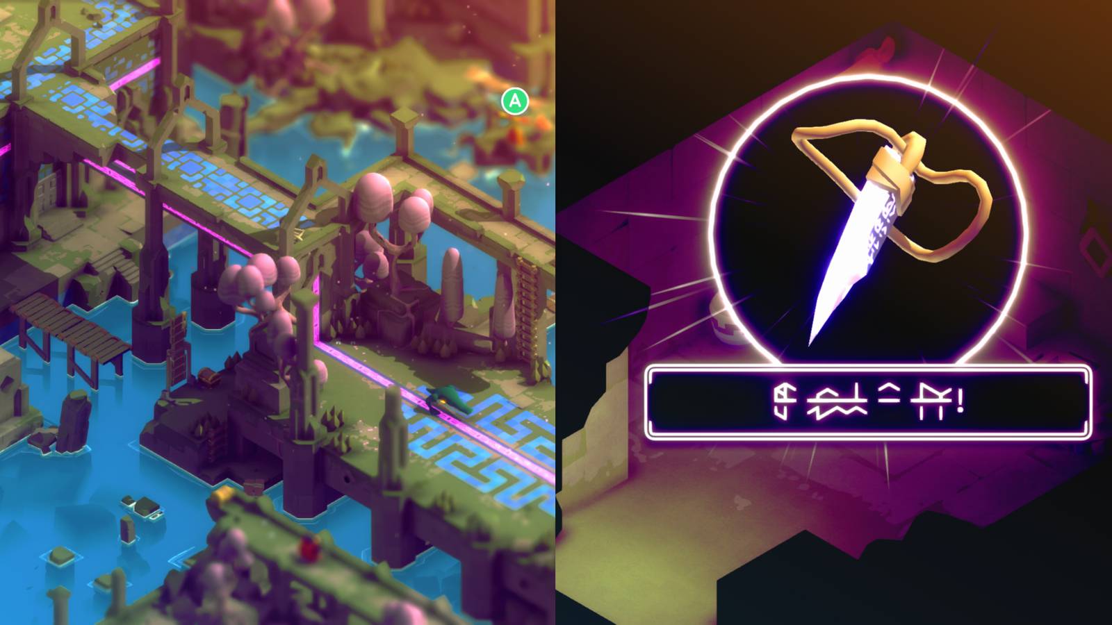 a wide shot of an entire location, with strange, bulbous trees, green pathways, crumbling ruins, and bluestone work all suspended over a lake filled with rubble; a blue/white dagger on a brown cord inside a black circle with a white border. Underneath, a text box is filled with gibberish symbols. 