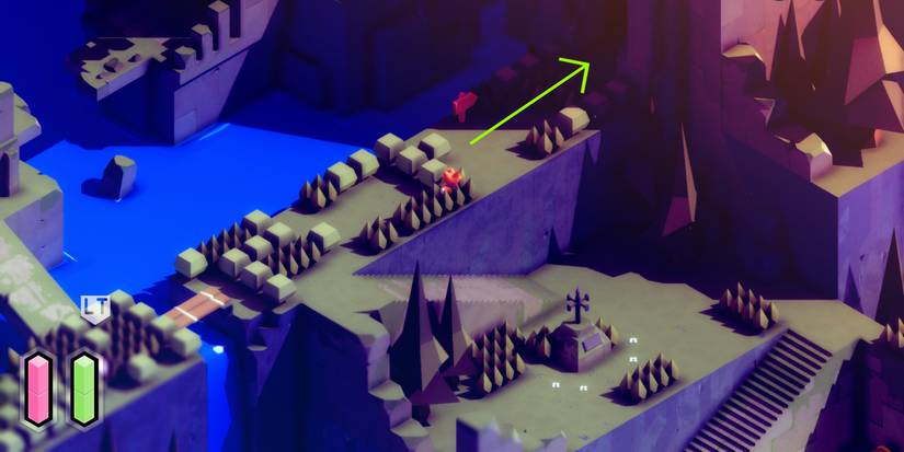 a red fox standing on a stone walkway above another landing with a strange metal weathervane. a green arrow points ahead past a wooden sign toward a large, shadowy temple entrance