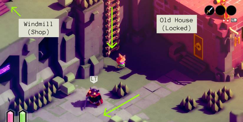 Tunic below a ladder with green arrows pointing down the ladder and off to the left past a demon in a red cape. a nearby house with a golden and wood door is labeled "Old House (locked)" while another sign in the top left reads "Windmill (shop) with a green arrow pointing to the corner of some red steps