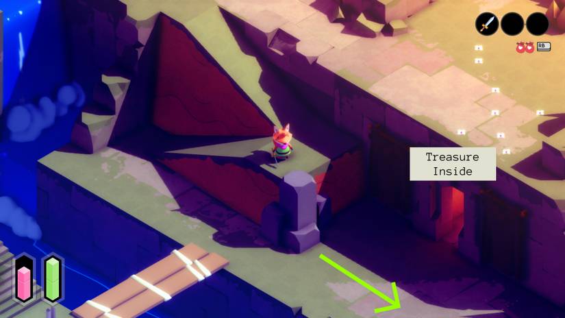 a red fox in a green tunic standing on a landing between two ramps overlooking a landing that has a doorway with glowing red light and a box overhead that reads "Treasure Inside" 