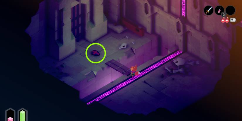 Tunic standing in a dark, stone chamber with glowing, purple line running through it. a wooden plank rests across a small gap, with a shield circled in green and a large metal gate on the other side.