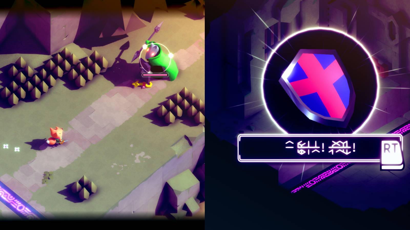 tunic facing off against a large, spear and shield wielding enemy in a green cape; a shield in a circle with light rays coming off it, with a text below that has a RT button prompt next to a line of strange symbols