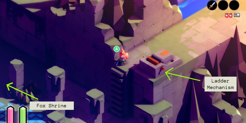 s red fox in a green tunic standing near a wood and stone mechanism and a ladder in the wall below him with a green arrow pointing the mechanism that says "Ladder Mechanism" and another arrow pointing off screen to the left that says "Fox Shrine" 