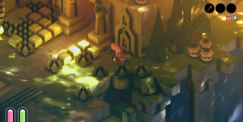 a red fox in a green tunic standing a forest clearing near a large stone temple 