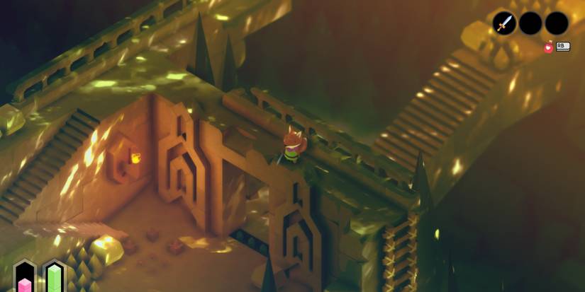 a red fox in a green tunic holding a sword stand on a stone gateway with a rope ladder on the right and a set of narrow steps leading down on the left