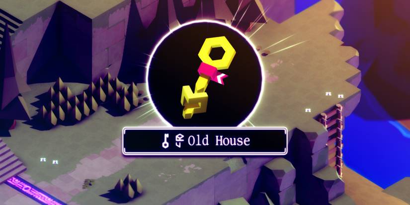 a gold key is in a circle with light coming off it. underneath is a text box with strange symbols followed by the words "Old House"