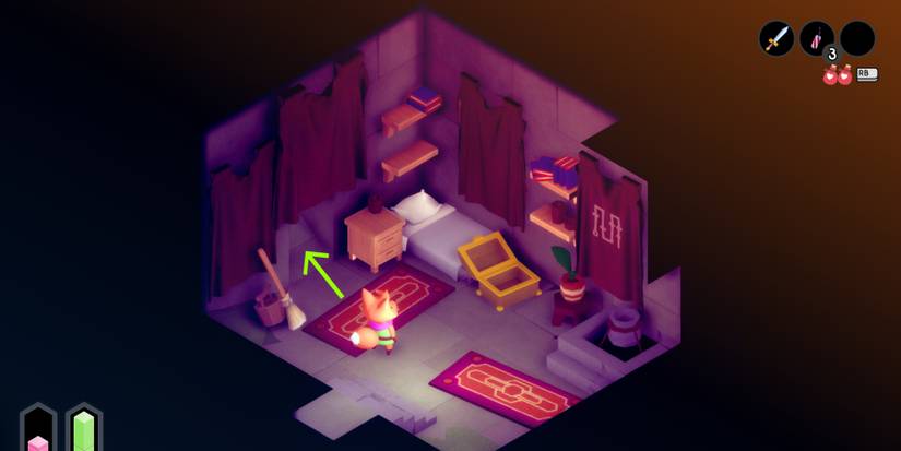 tunic inside a one room house with a bed, an open treasure chest, and a green arrow pointing toward a hidden doorway under some red drapes