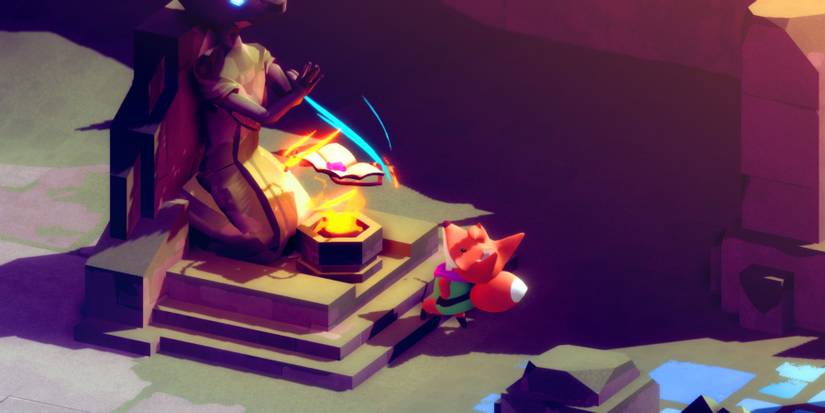 a red fox in a green tunic looks up at a packet of medicine hovering over a torch in front of a praying statue