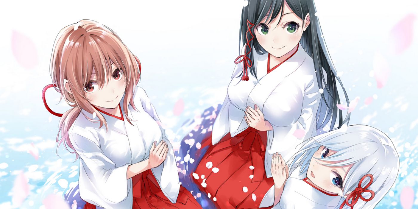 Tying the Knot with an Amagami Sister featuring the three Amagami sisters as shrine maidens