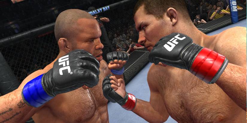Two UFC fighters face off in the ring 