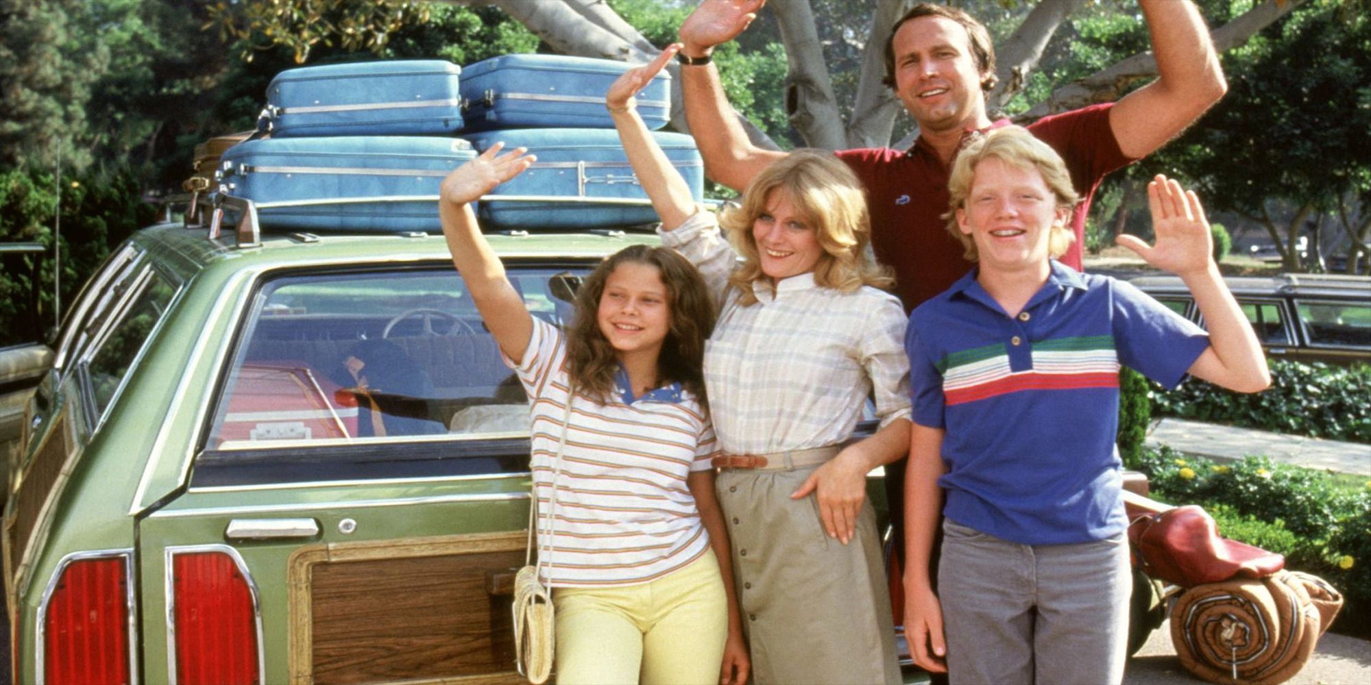 National Lampoon's Vacation family waving outside the Family Roadster