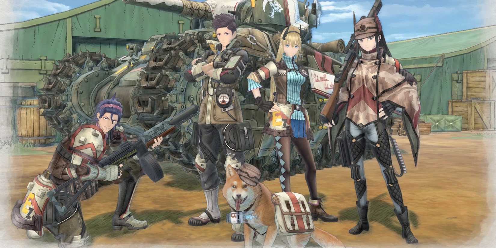 The protagonists posing for a photograph in Valkyria Chronicles 4